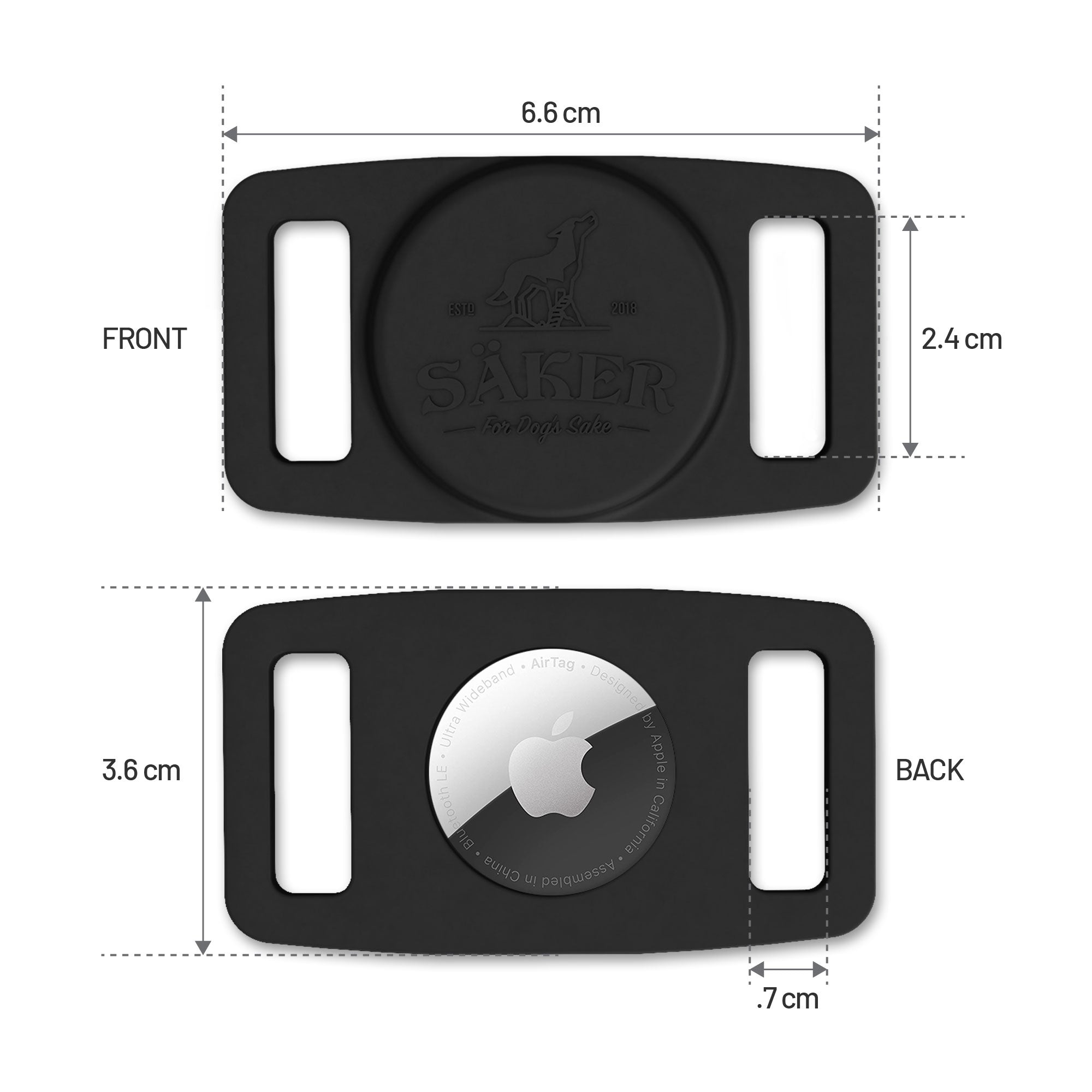 Back view and front view of the Airtag Holder with it's measurements.