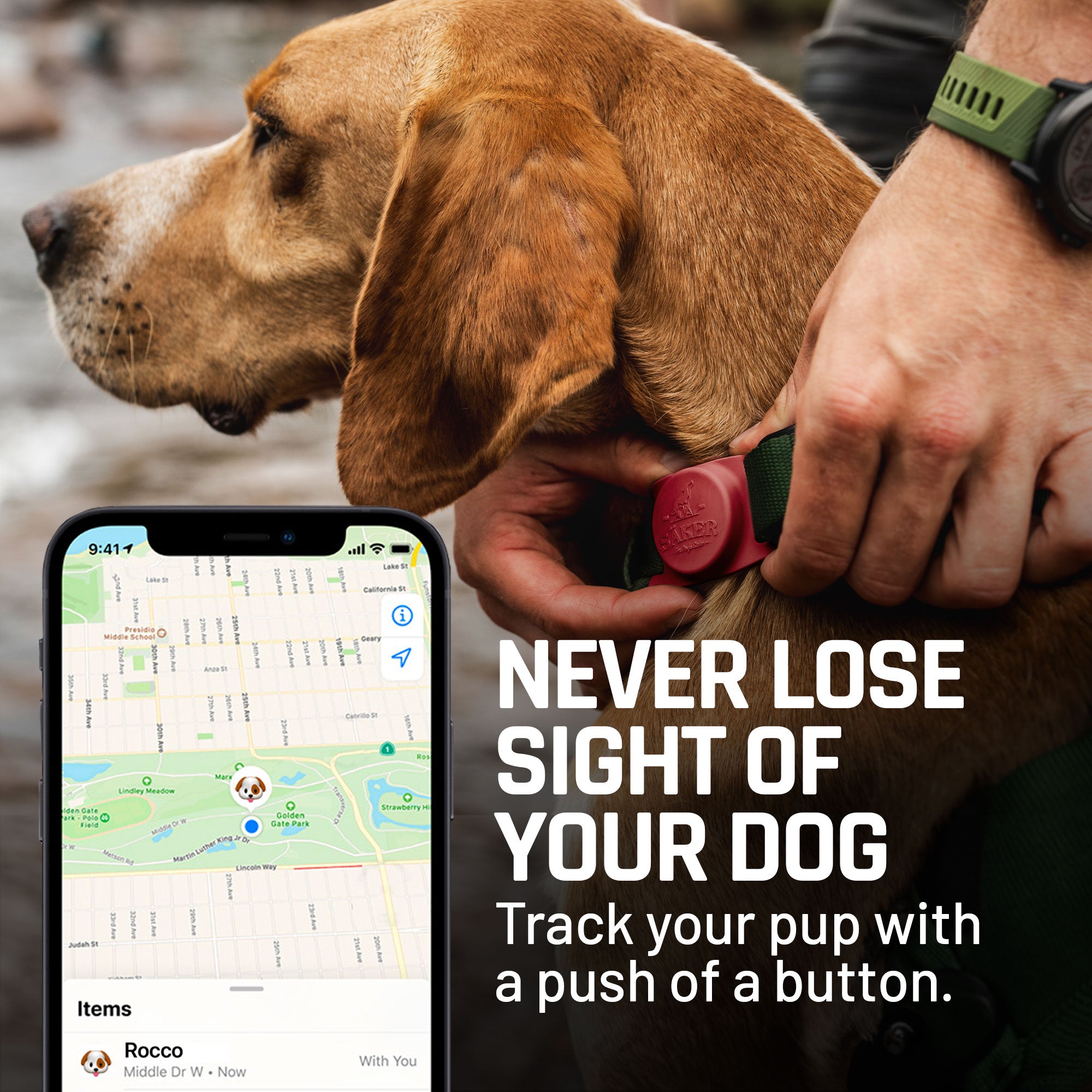 Photo of Airtag Holder adjusting to the leash with a phone app view.