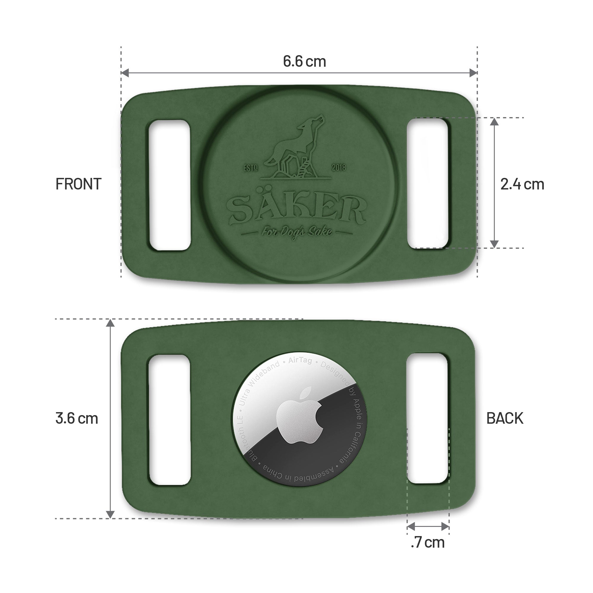 Back view and front view of the Airtag Holder with it's measurements.