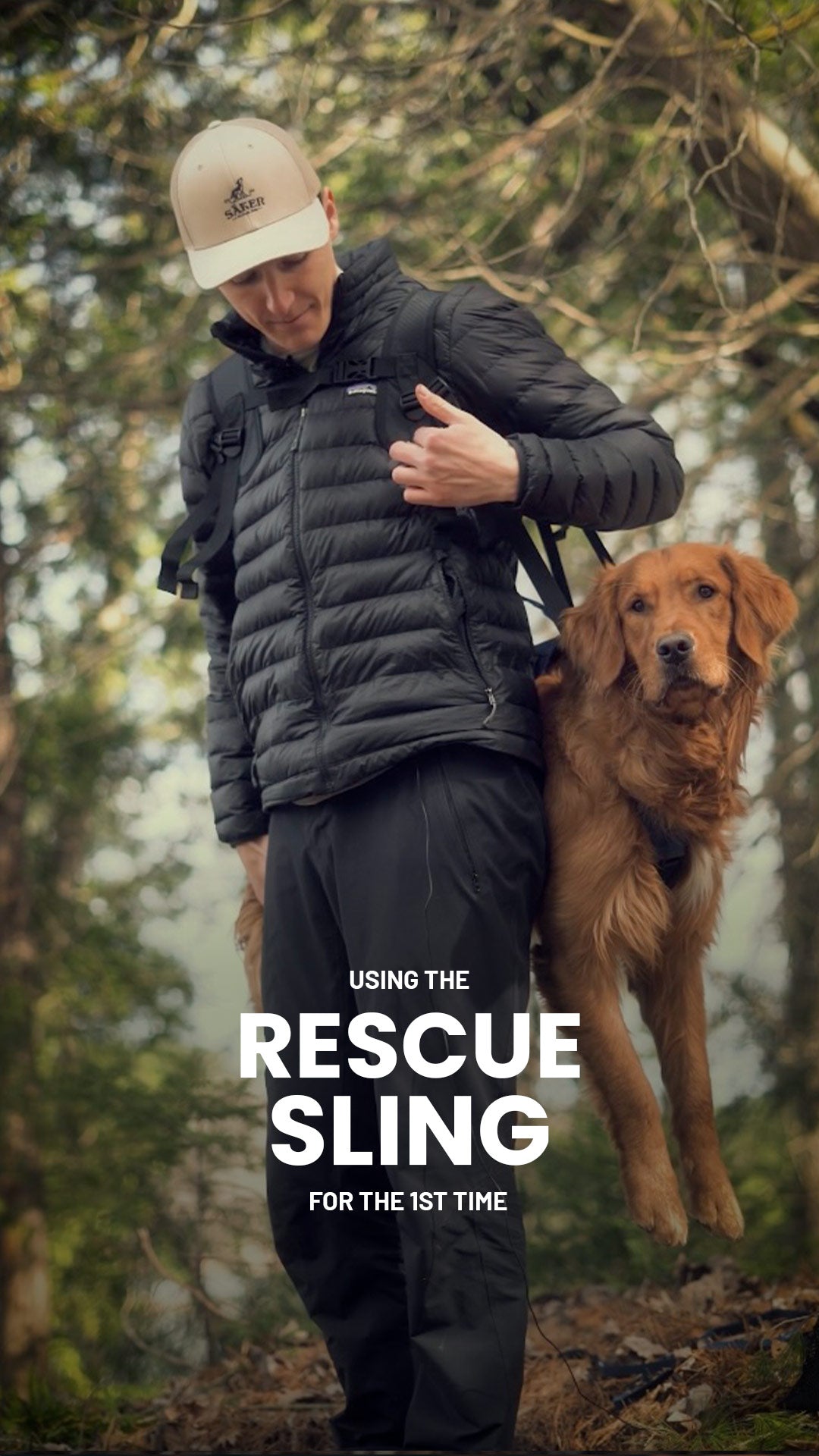 Man lifting a dog using the new k-911 rescue sling