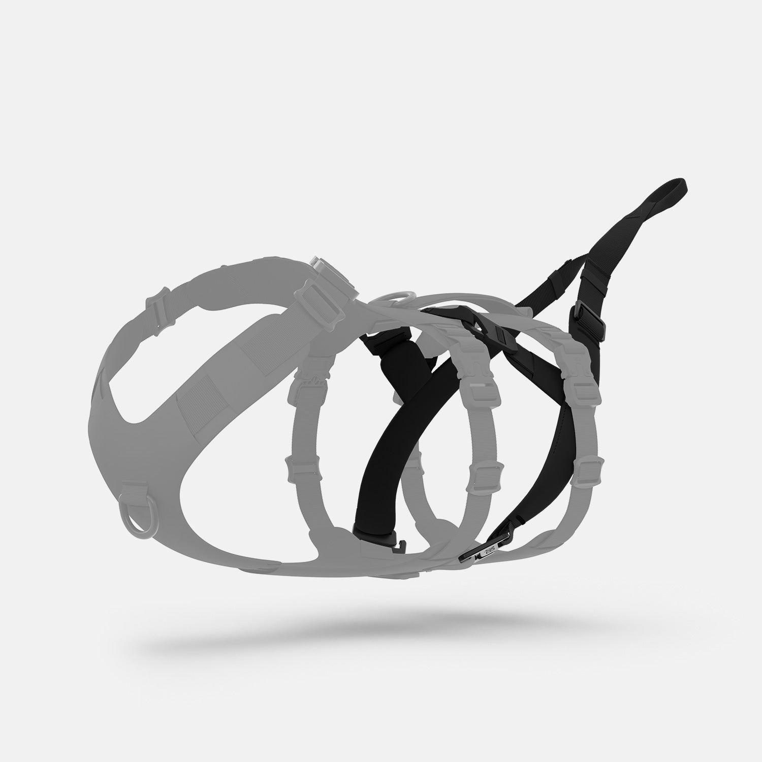 Diagonal view of the Traction attachment 001 in black on the Muse harness
