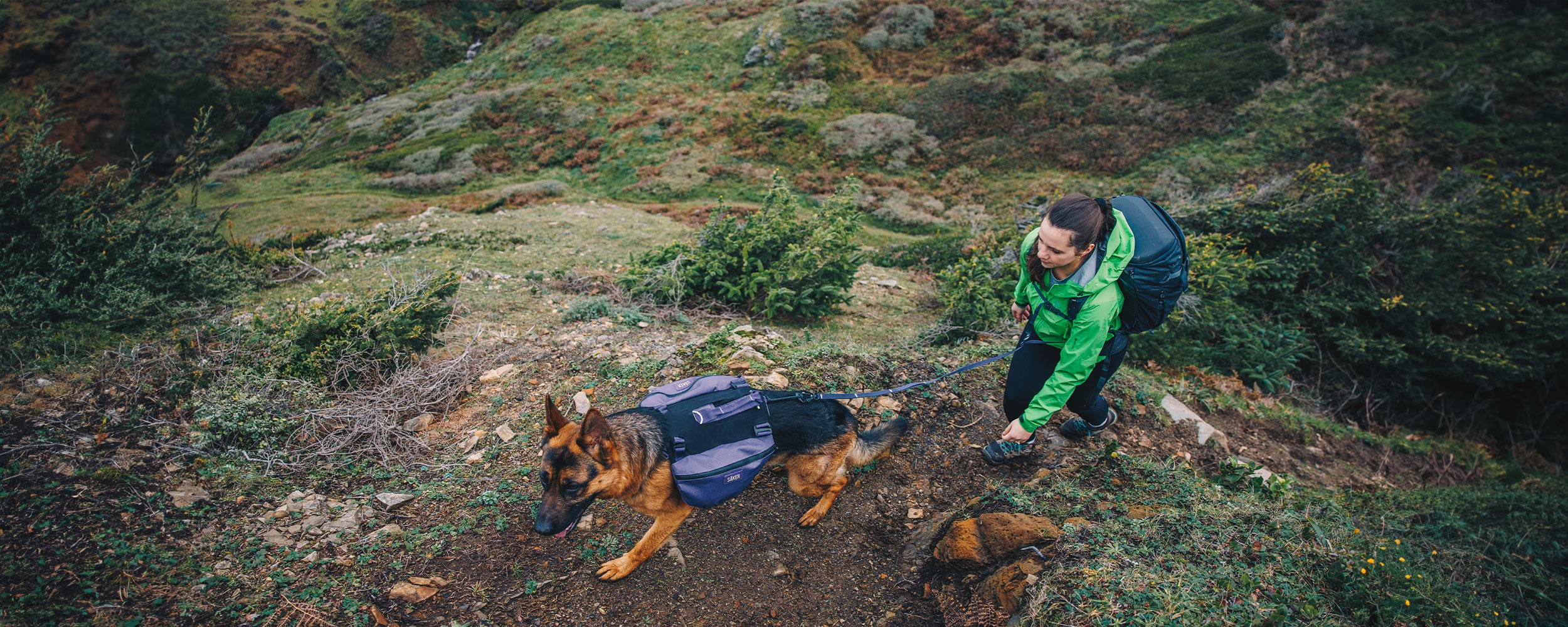 Woman and dog hiking. The dog wears the Canyon Pro Pack in Prairies Purple