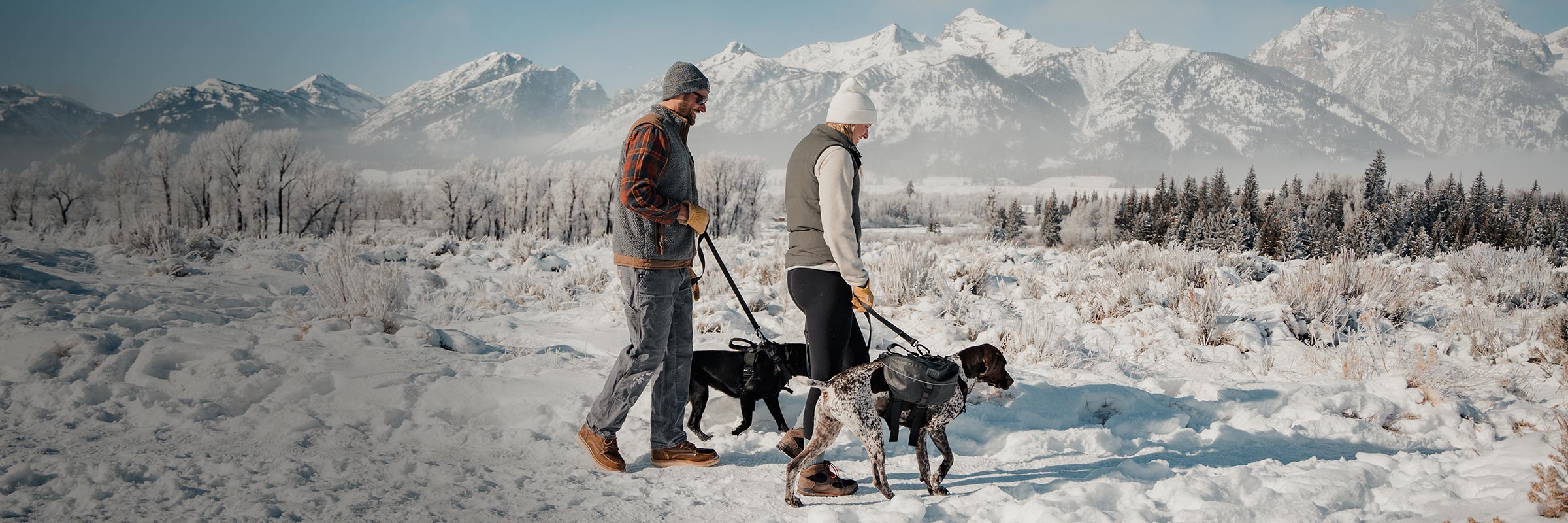 couple walking iwht their two dogs wearing the ascension dog pack in black in wyoming
