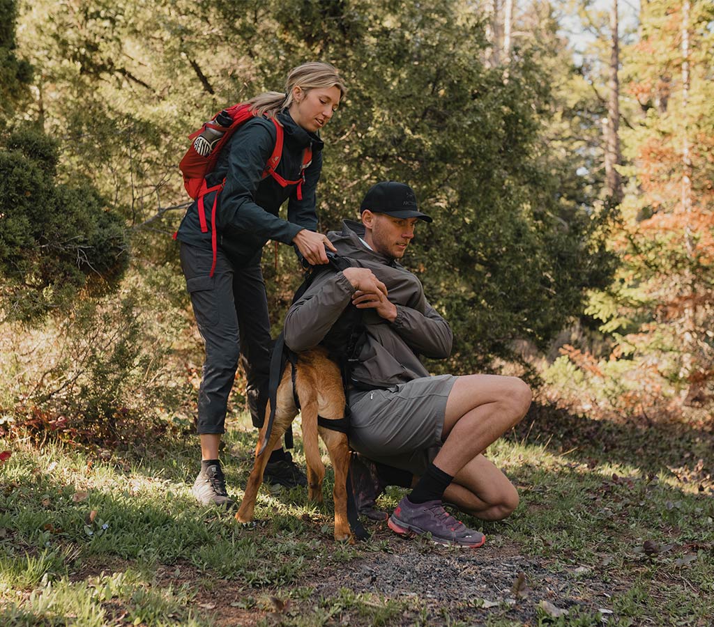 dog dad about to lift his labrador mix that was hurt in the trails. The dog is comfortably positioned in the k-911 rescue sling from säker
