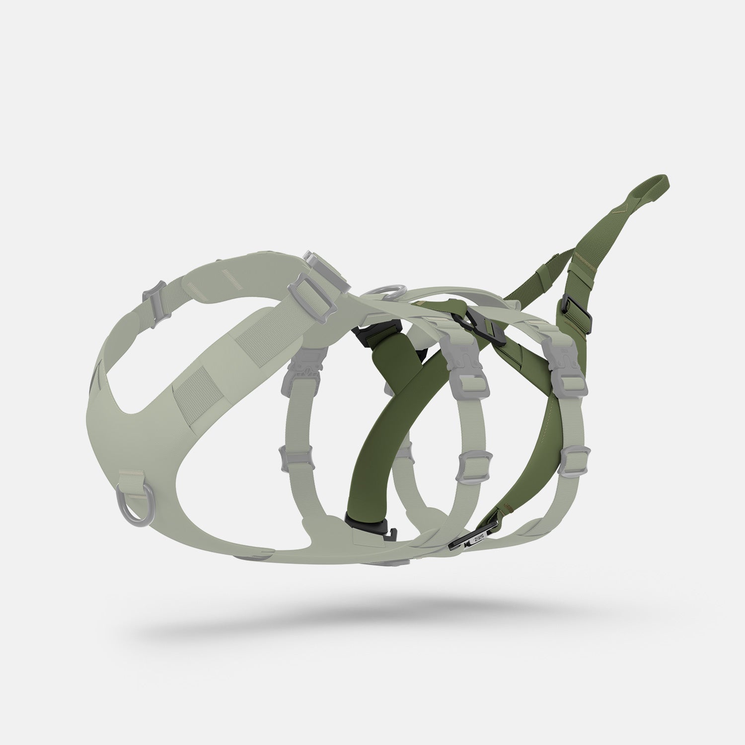 Diagonal view of the Traction attachment 001 in Trail Green on the Muse harness