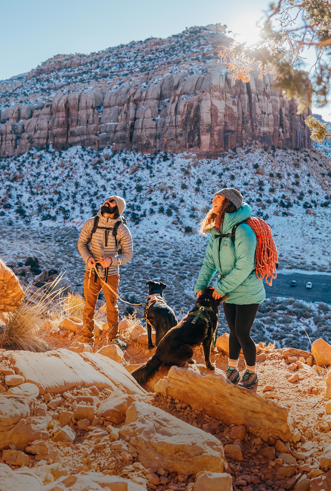 Friend climbers with their dogs wearing canyon harness on the way to the crack