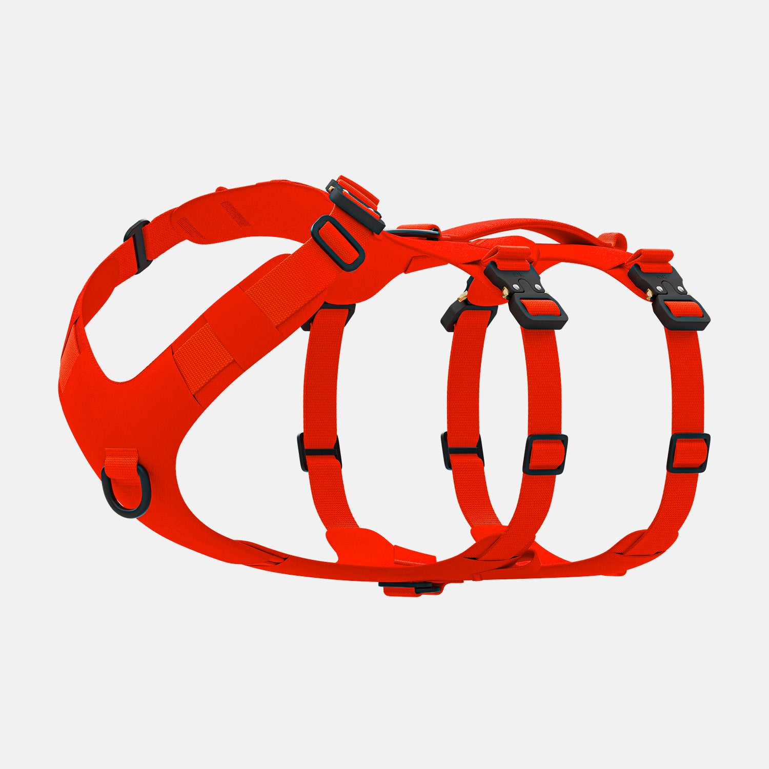 Diagonal view of the Bomber harness in Alpine Orange color