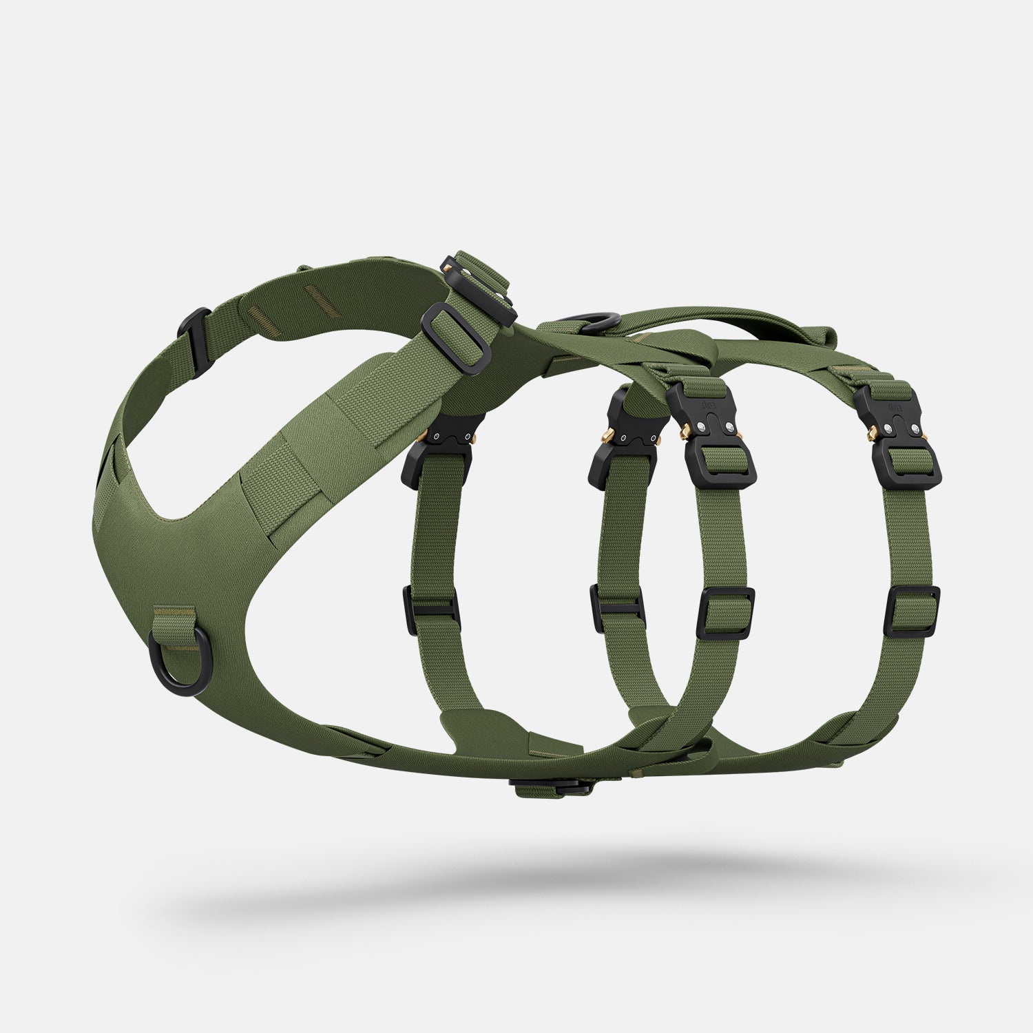 Diagonal view of the Bomber harness in Trail Green