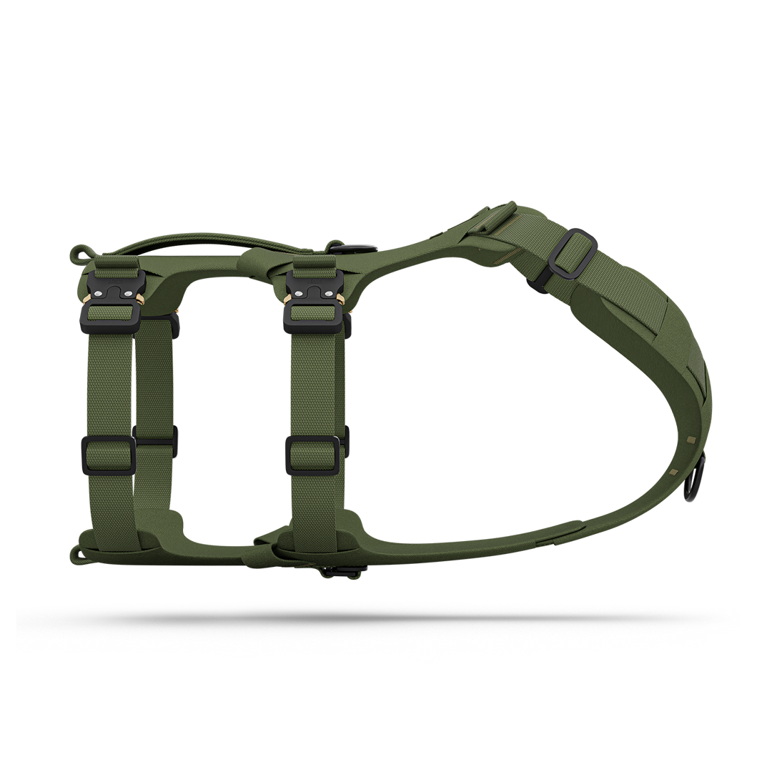 Side view of the Bomber harness in Trail Green color