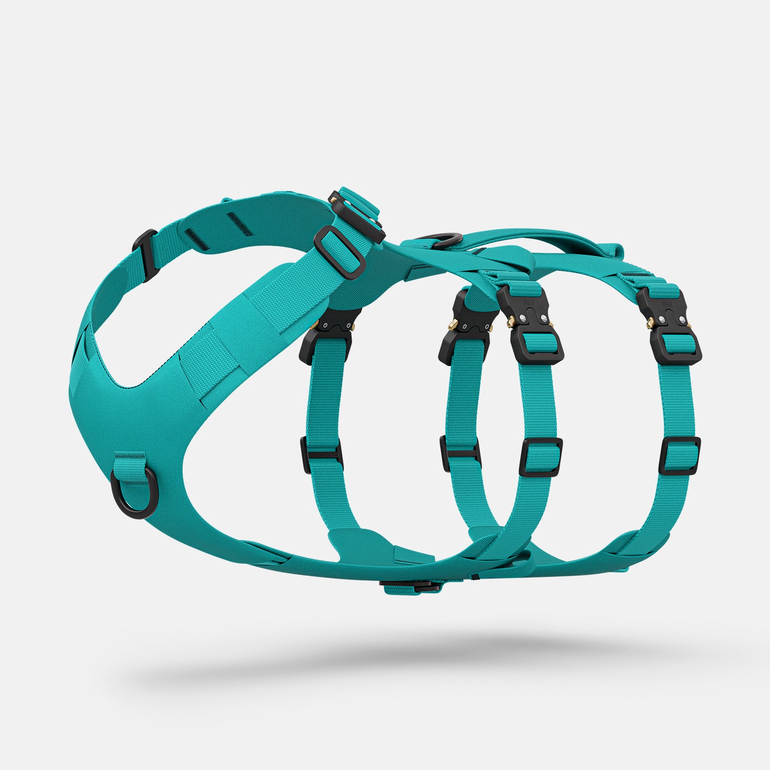 Diagonal view of the Bomber harness in Skeena Teal