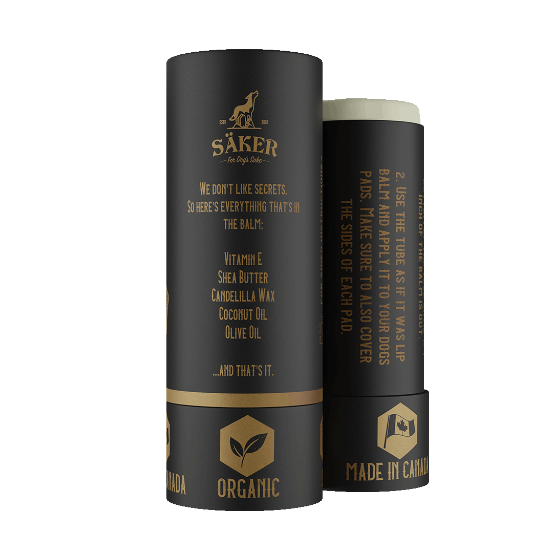 Back view of the tube of saker dog paw balm