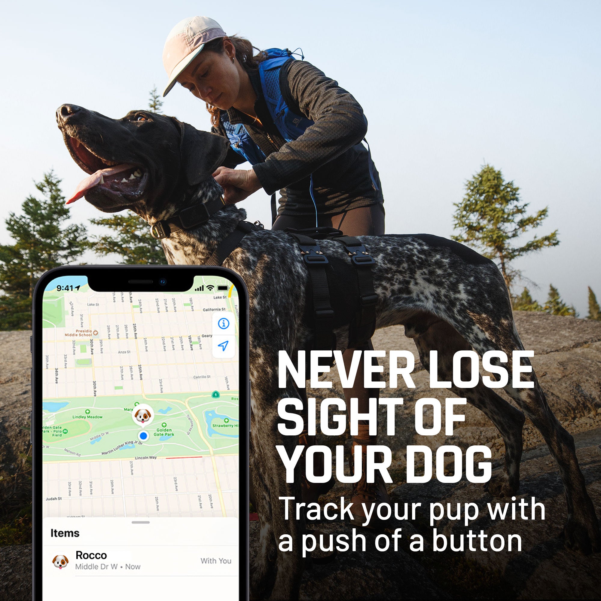 Photo of a woman fixing the leash with the Airtag Holder on it and a view of the app that supports it.