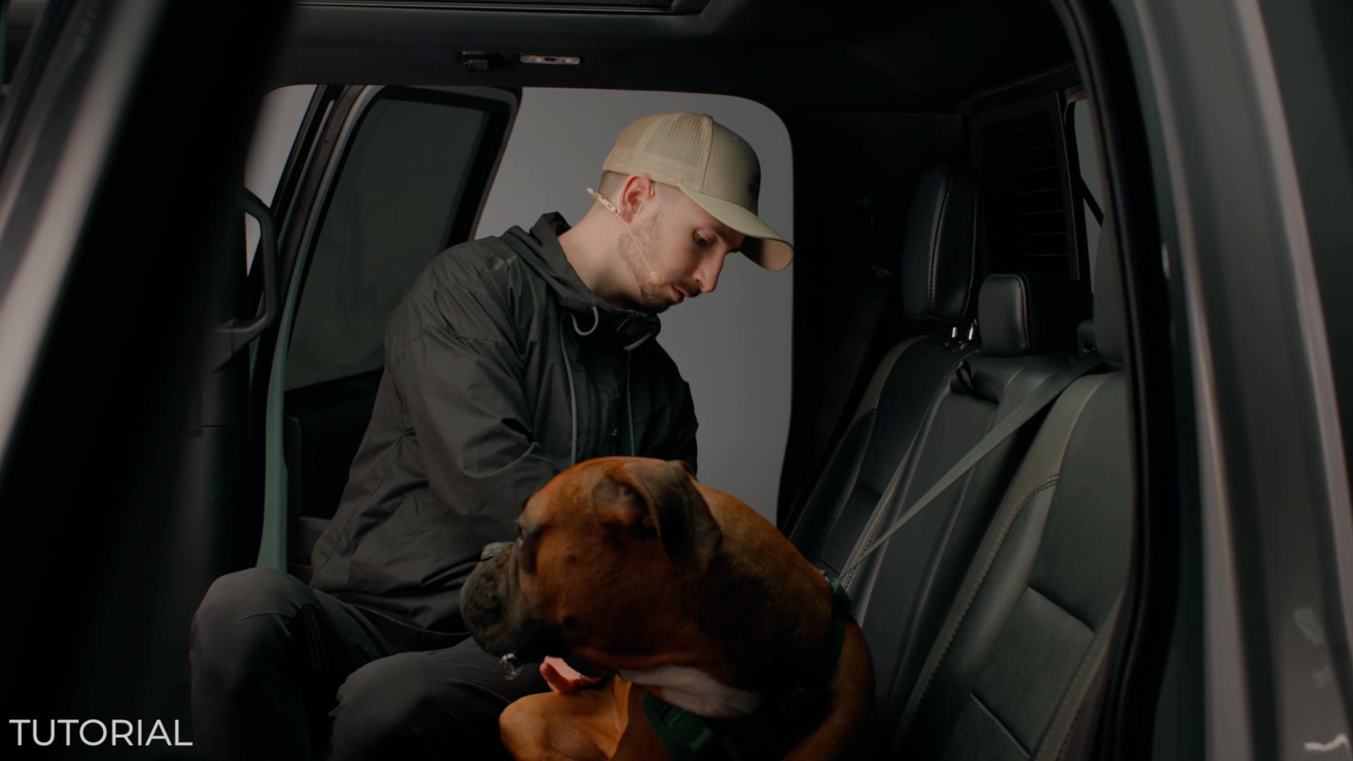 man buckling his dog in the car using the saker ascension harness tutorial