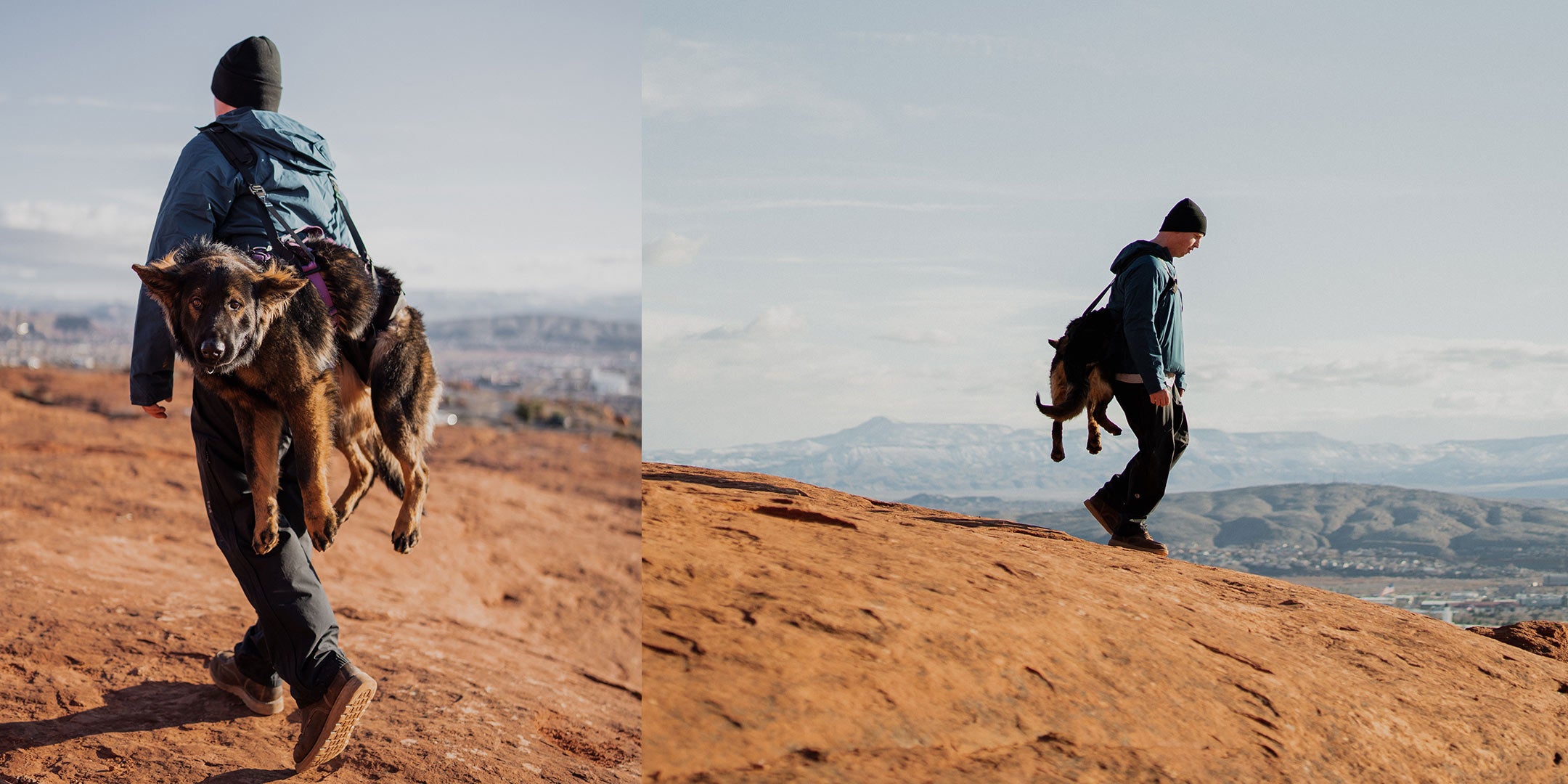man carrying his injured dog out of canyon with the Saker K-911 Rescue Sling and Ascension extended