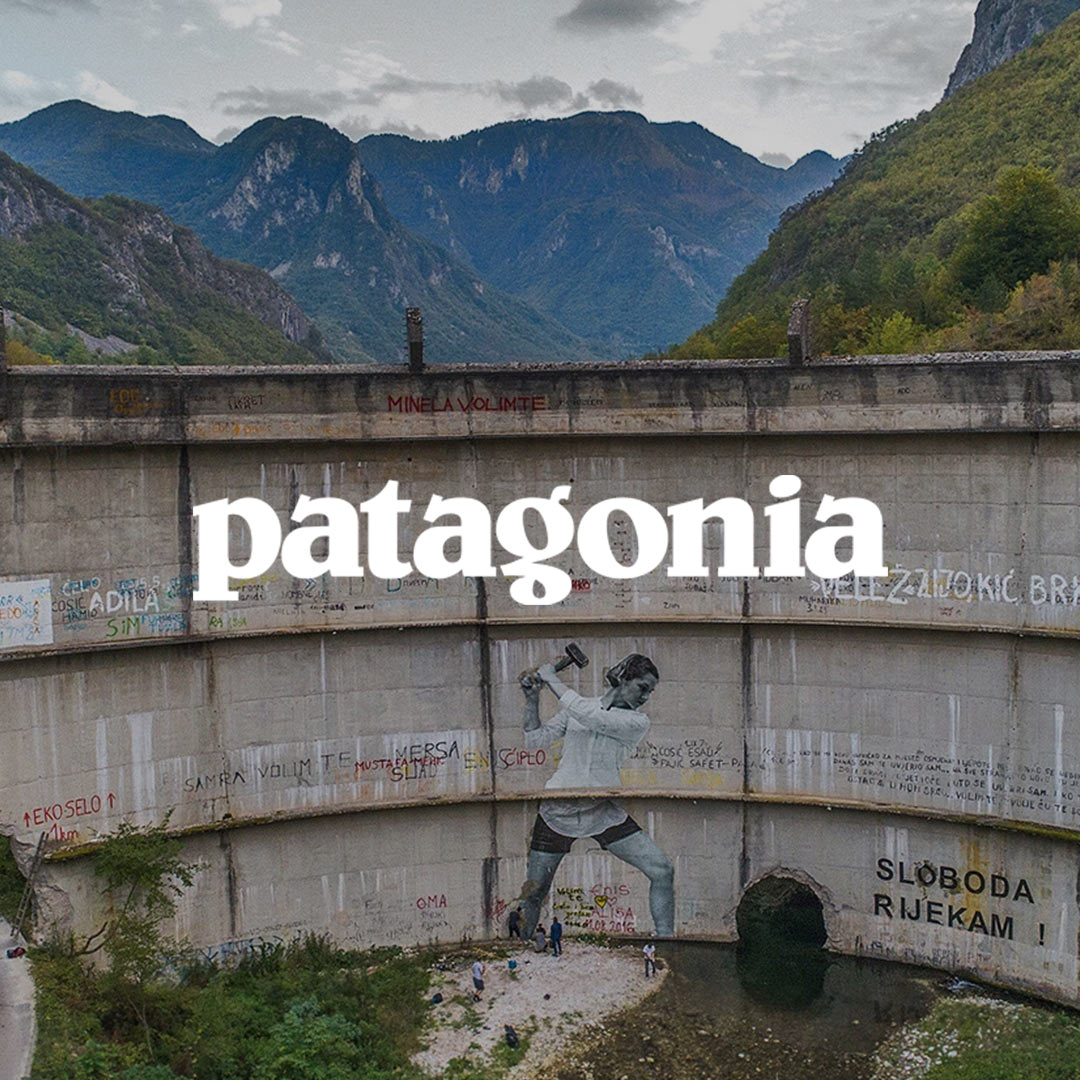 Patagonia logo with a damn in the background
