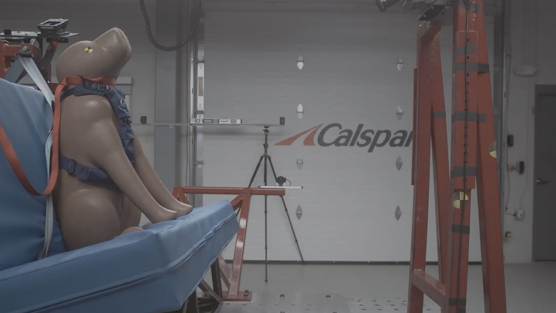 Calspan crash-test facility with 75lbs dog dummy wearing canyon pro