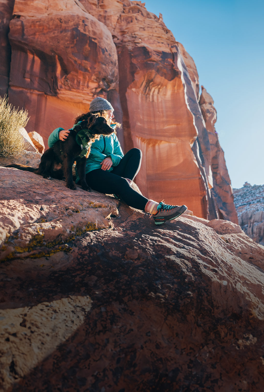 woman and her dog sitting on a rock with her dog wearing the Canyon Pro Small in Moss Green