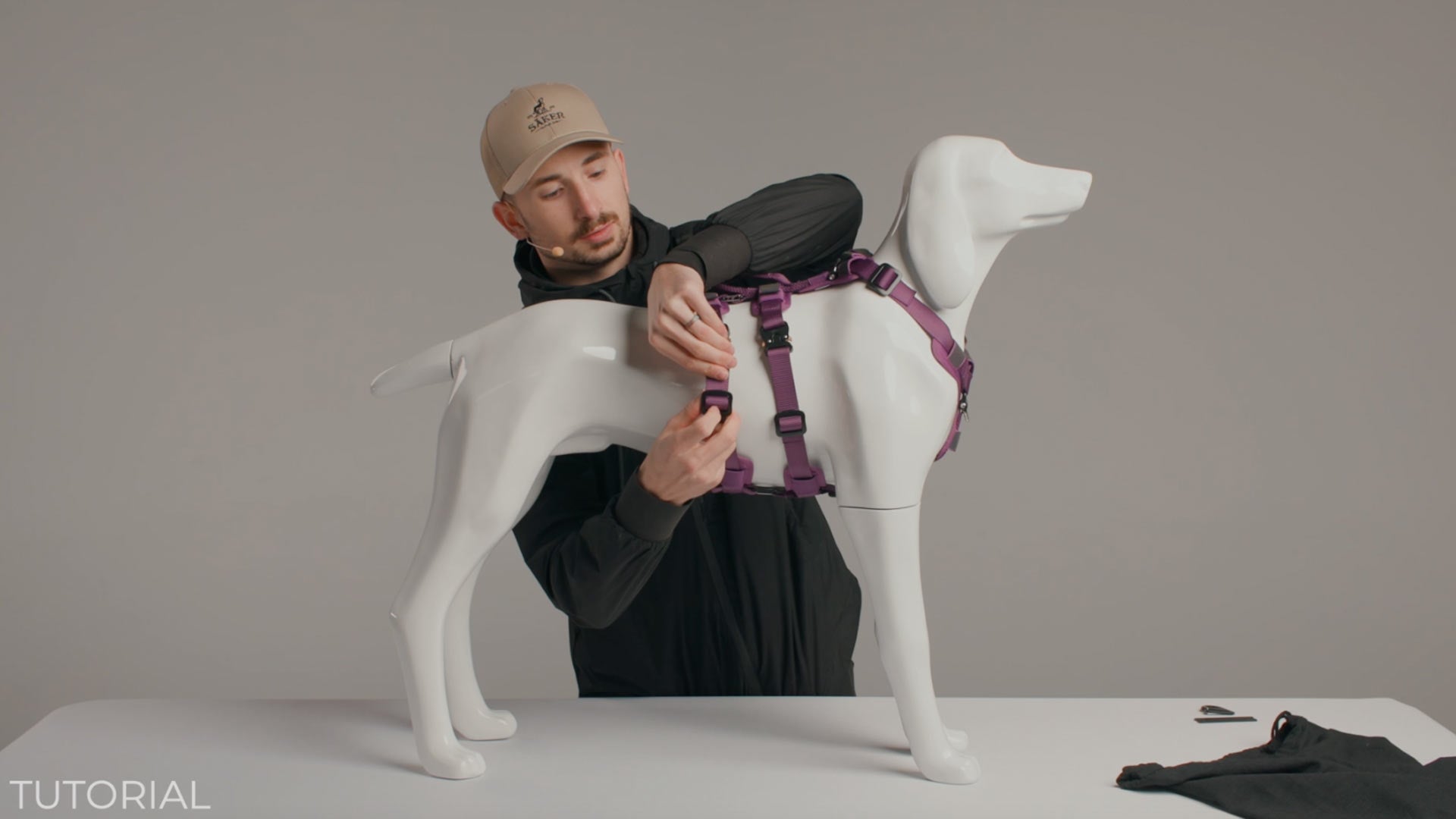 man adjusting the small extended harness ascension on dog
