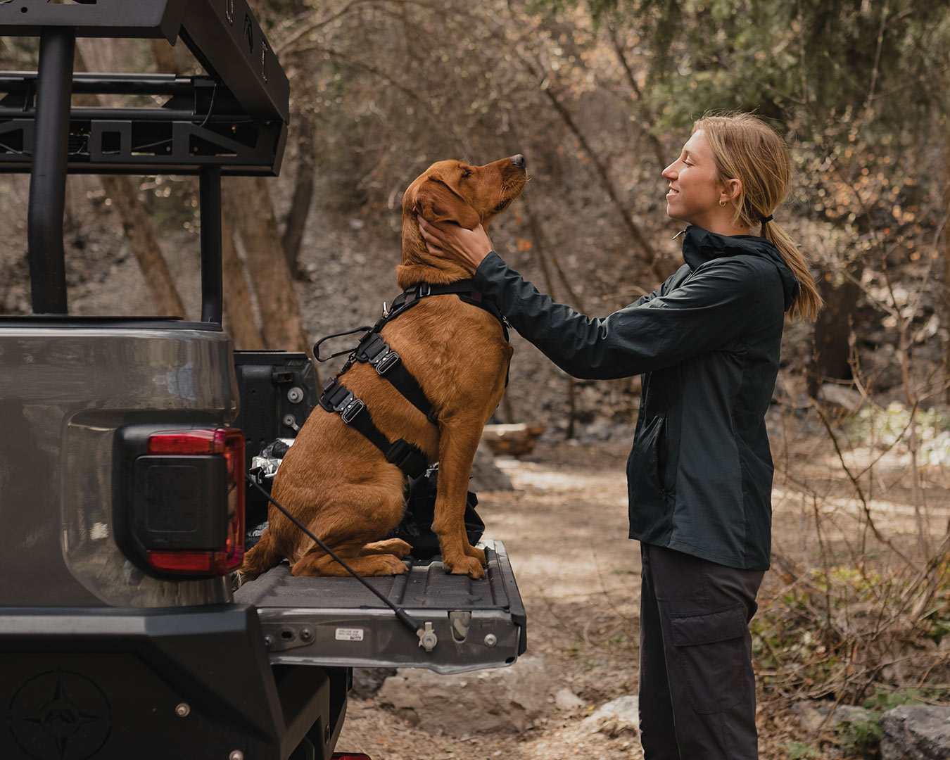 woman petting her dog in the trunk of a gladiator jeep. The dog wears the Saker Ascension Extended harness
