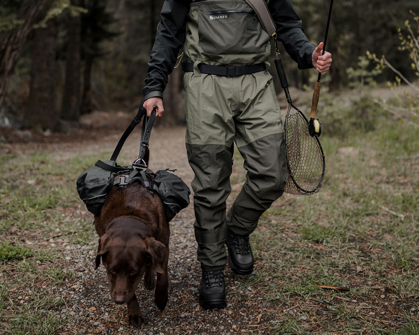 fisherman and his brown lab headed to a fishing spot with the Saker Ascension Dog Pack