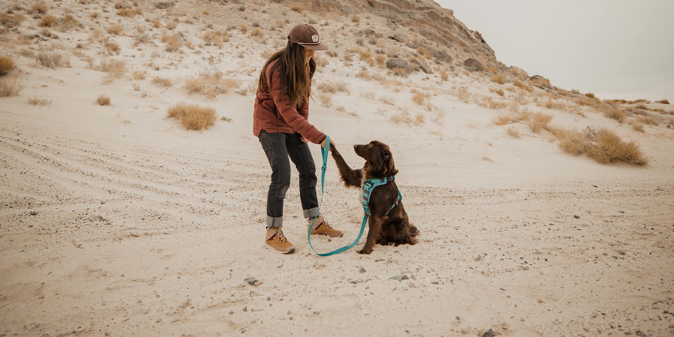 woman and her brown dog in the desert. The dog wears a tazer teal ascension with the sentiero leash in tazer teal