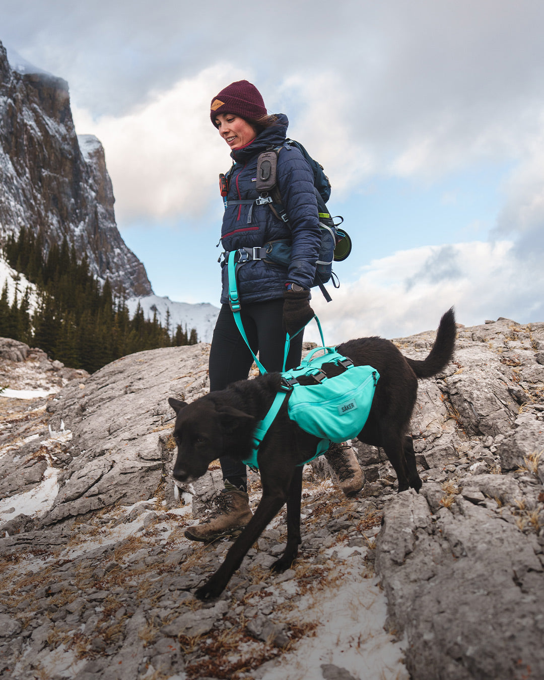 Woman hiking with her dog in banff with the muse harness in Skeena teal