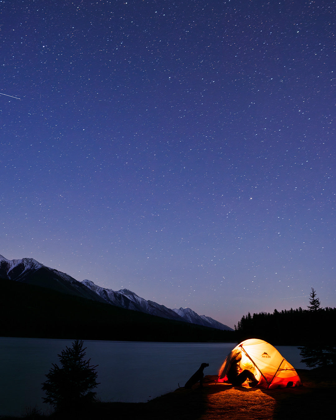 Silhouettes of a woman and her dog on a Säker shoot in the canadian rockies