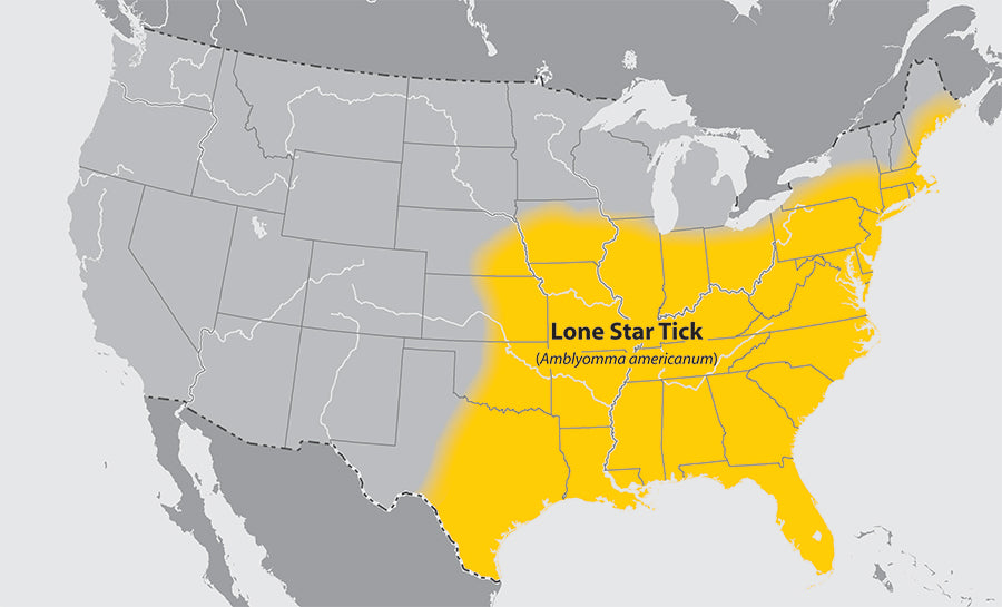 Map of where the lone star tick is mostly found