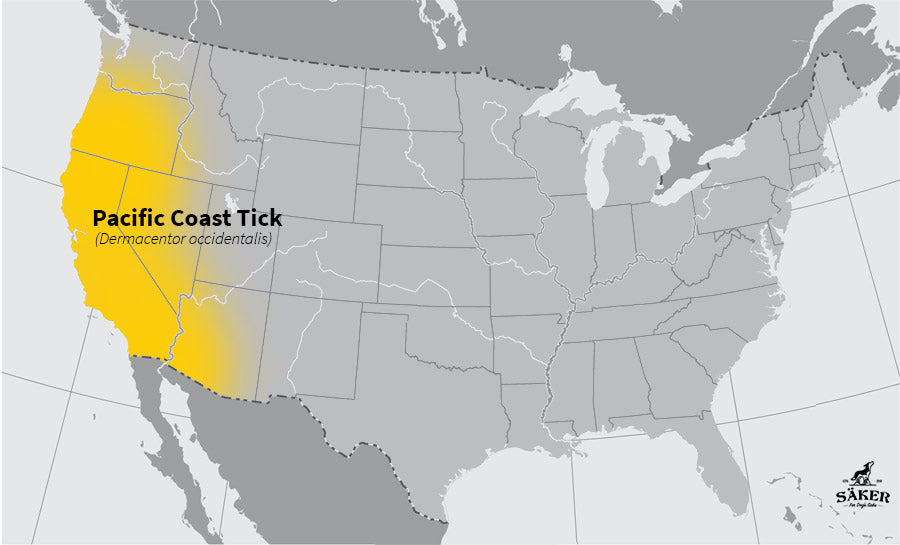 detailed view of a us map showing where the pacific coast tick can be found