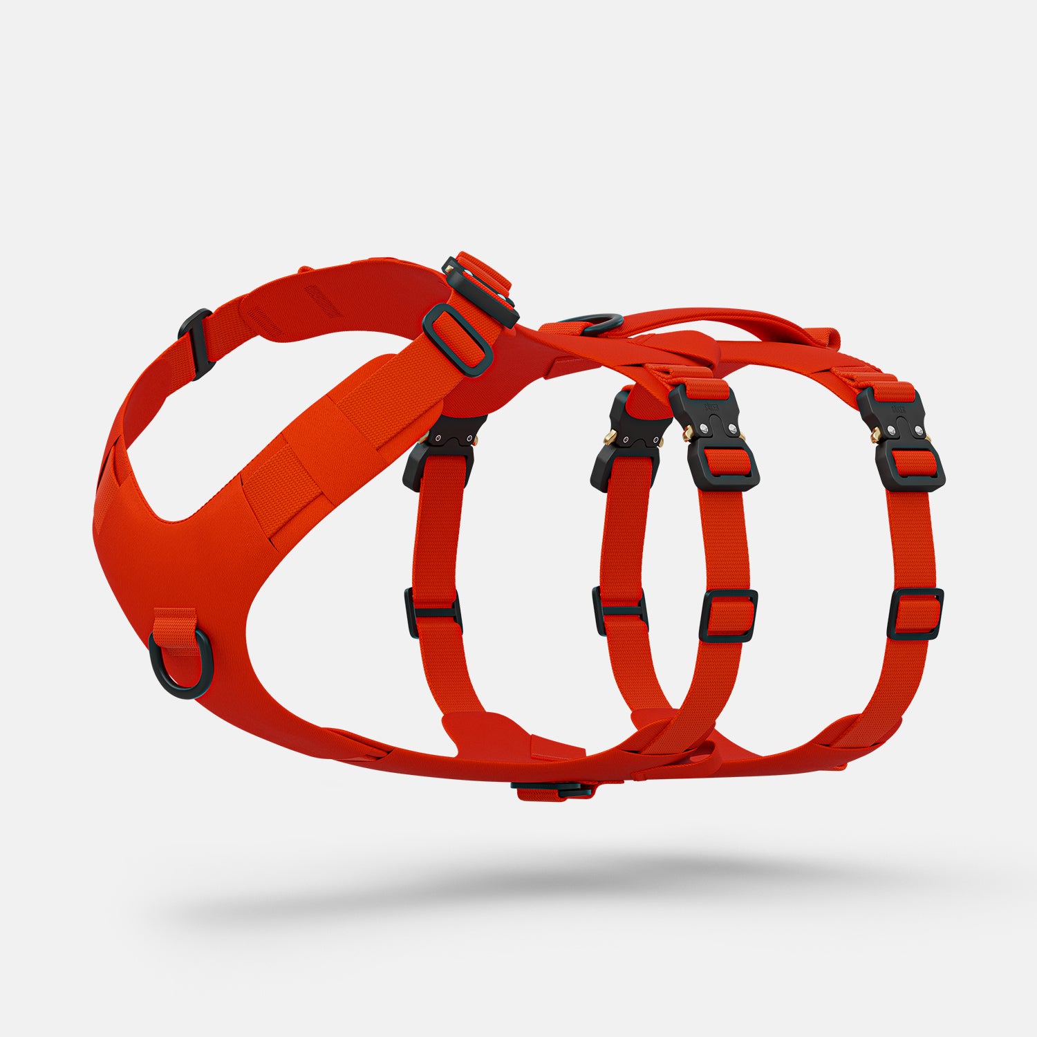 Diagonal view of the Bomber harness in Alpine Orange
