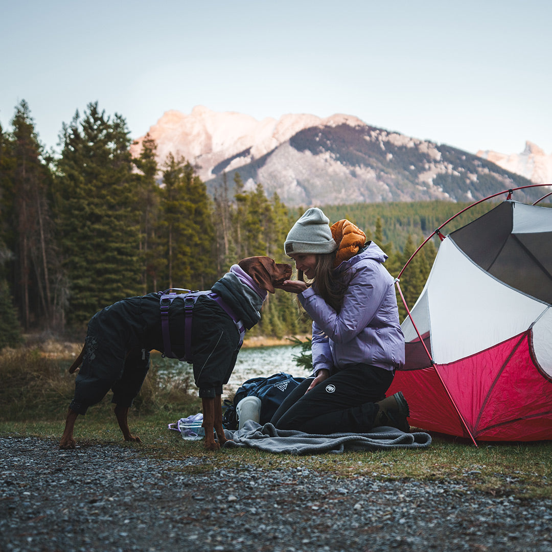 MIchelle and Millie next to their tent in Banff. Her Vizsla is wearing the Muse harness in Lilas