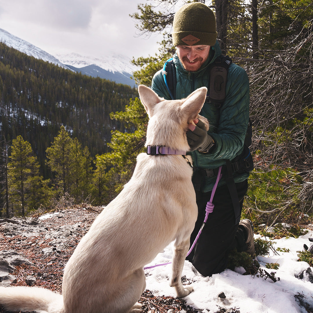 Dog dad petting his dog who wears the Lilas Trust™ dog leash