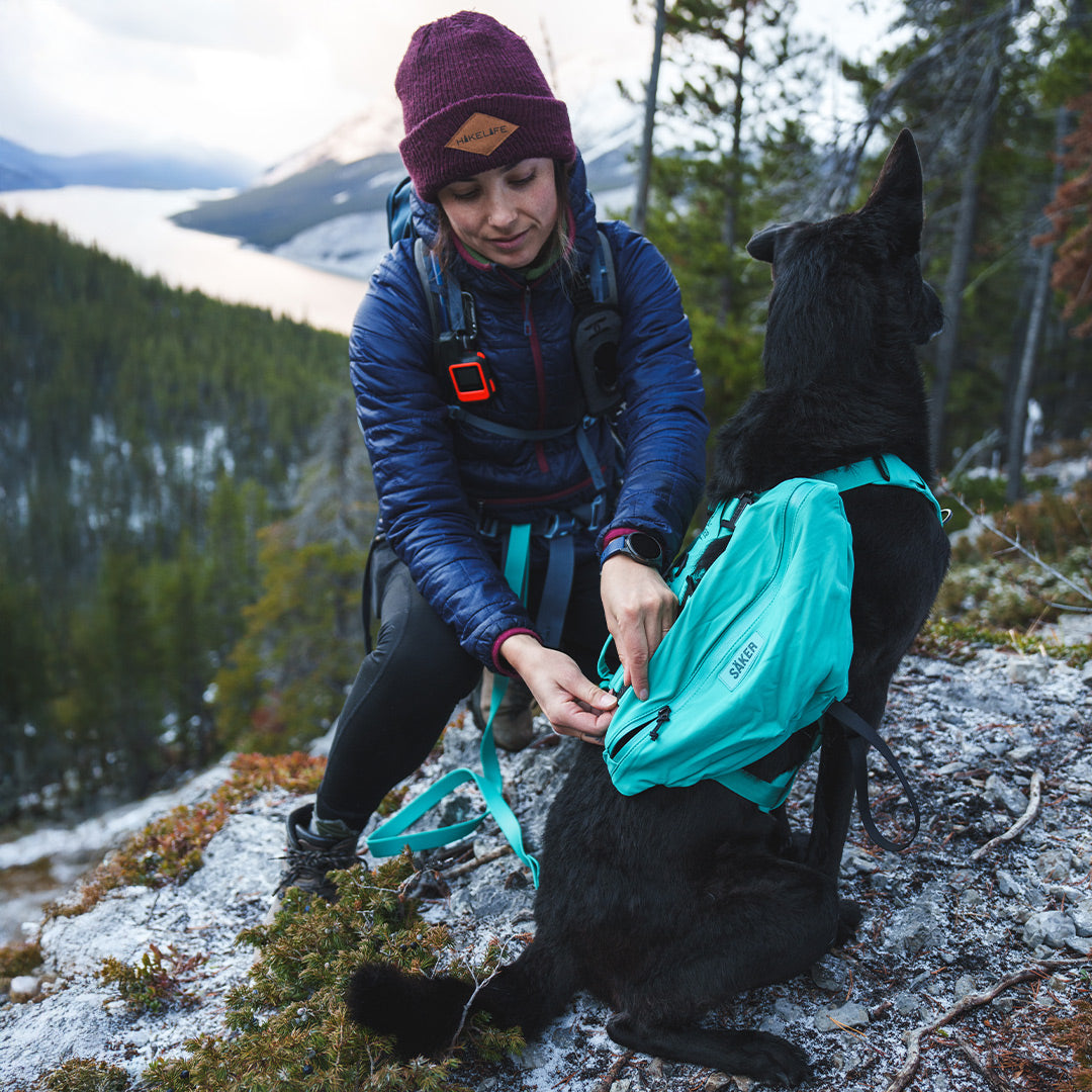 Woman installing the Pouches 001 onto the Muse harness in Skeena Teal in Banff