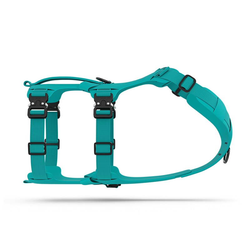 Side picture of the Lander harness in Skeena Teal