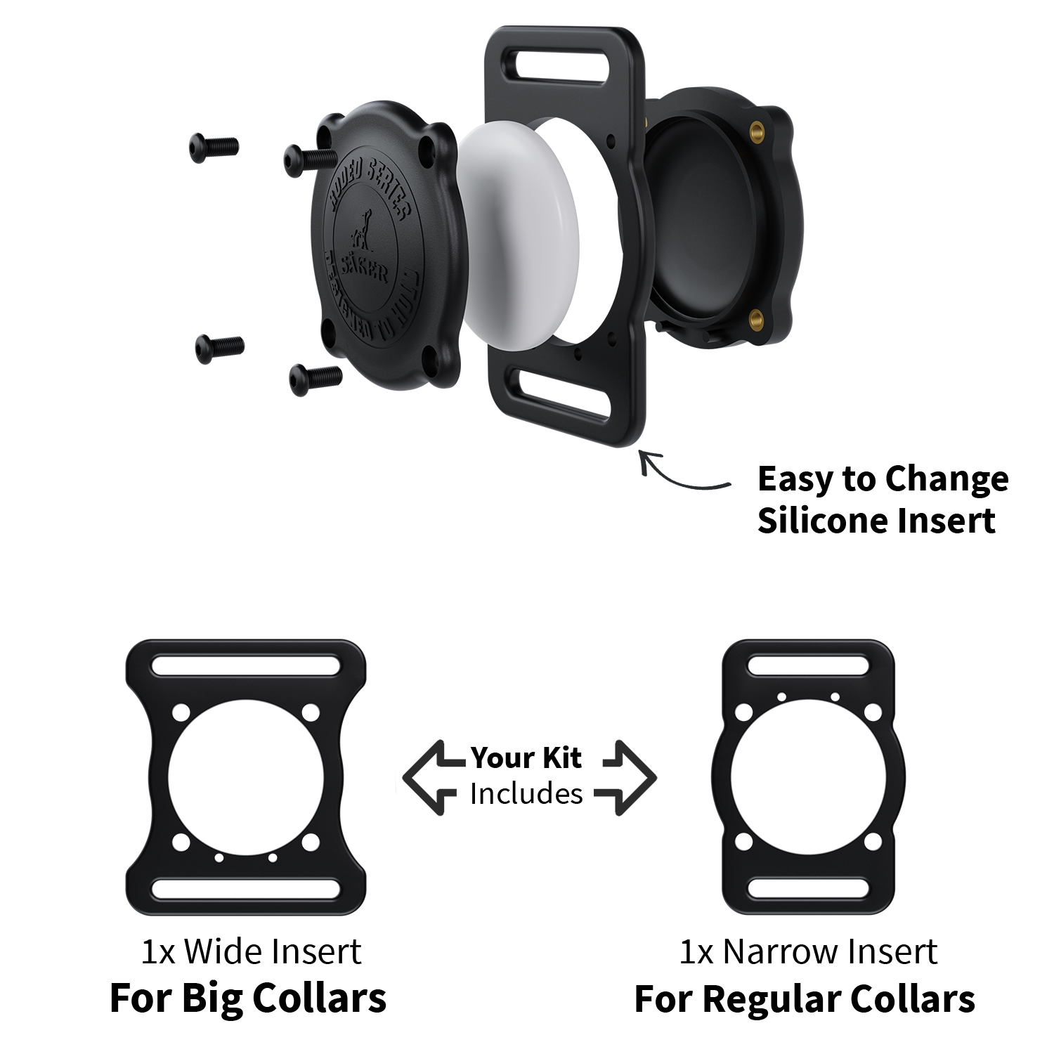 Two inserts for different collar width included with the rodeo airtag