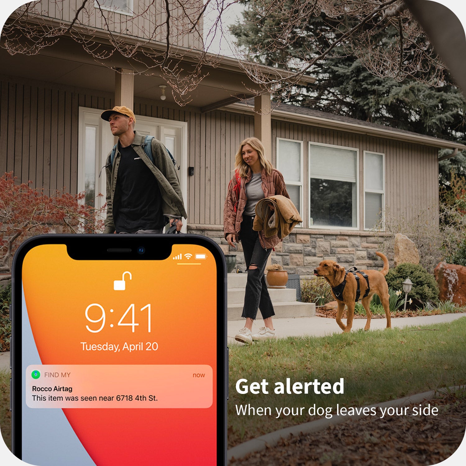 picture of an iphone with notification from airtag showing dog is gone