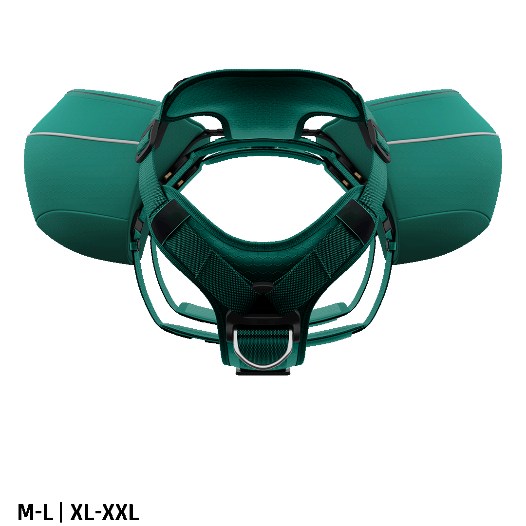 Front view of the Ascension Dog Pack in the M-L side in Tazer Teal