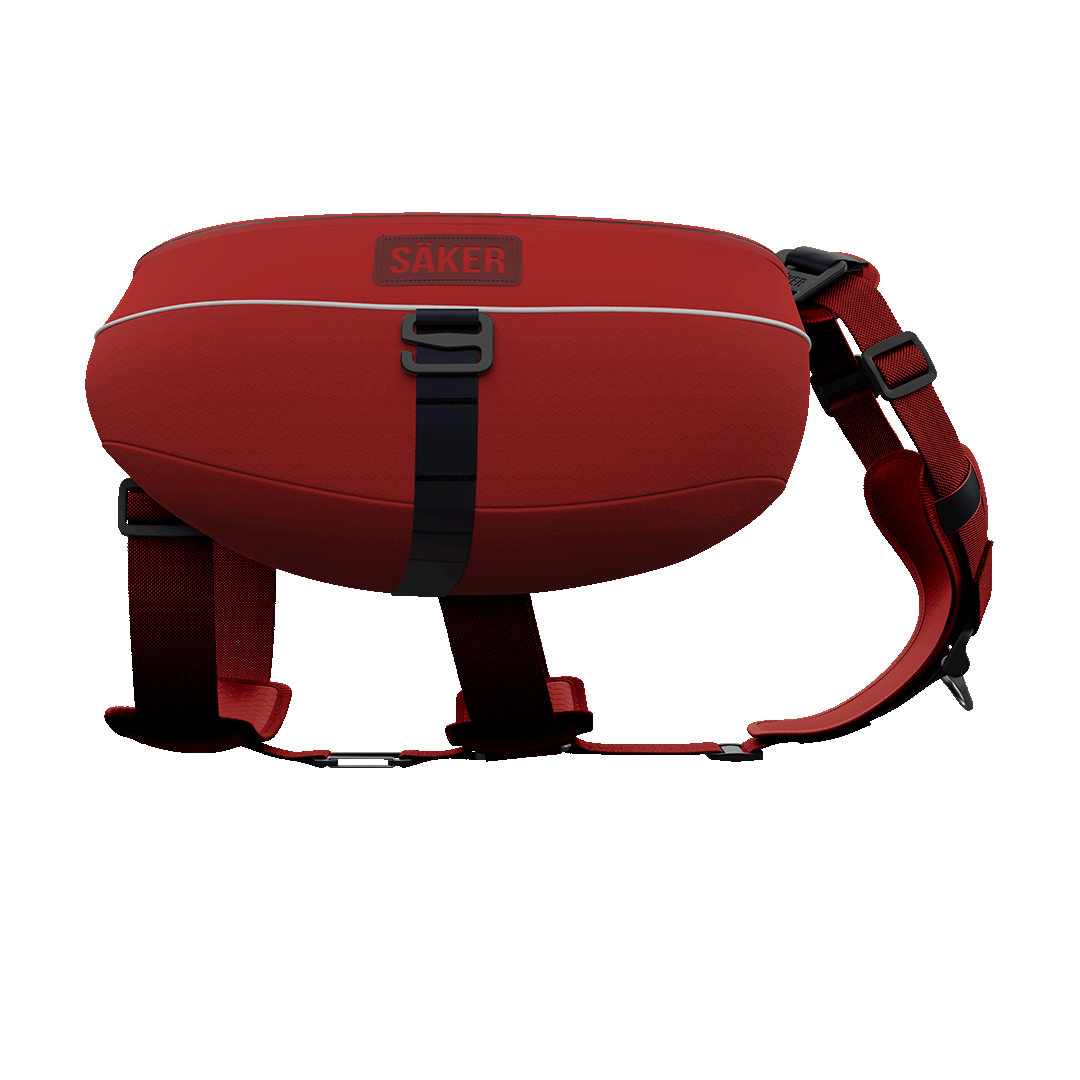 Side view of the Ascension Dog Pack in the M-L side in blazing red