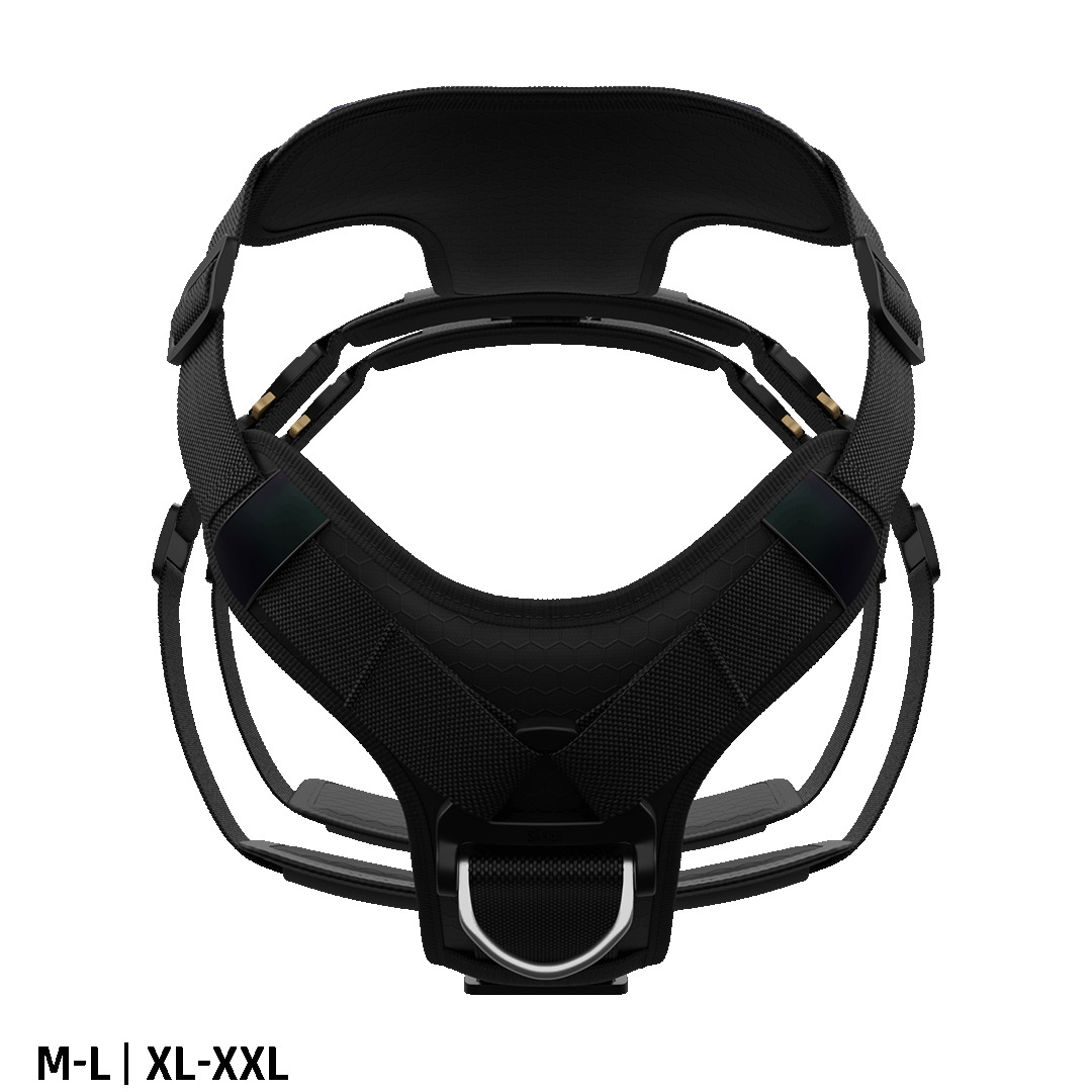 Front view of the Ascension Extended harness M-L and XL-XXL in Black
