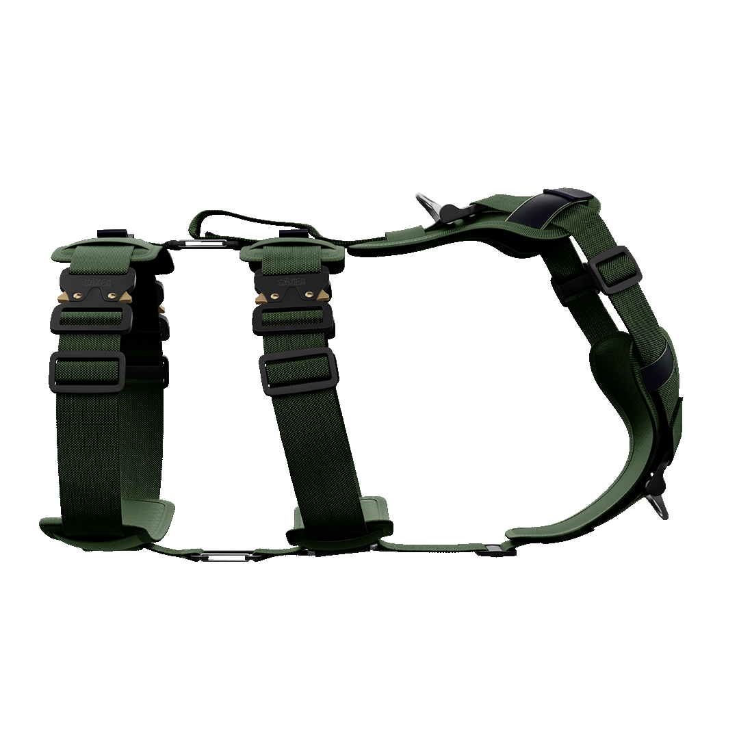 sideview of the M-L ascension extended harness in woodland green