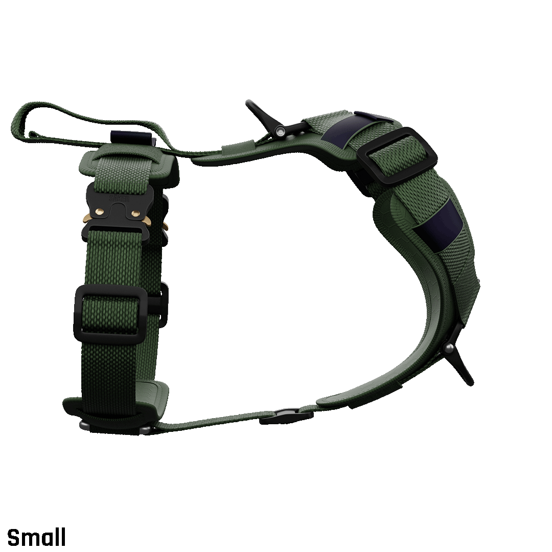 sideview of the small ascension core harness in woodland green