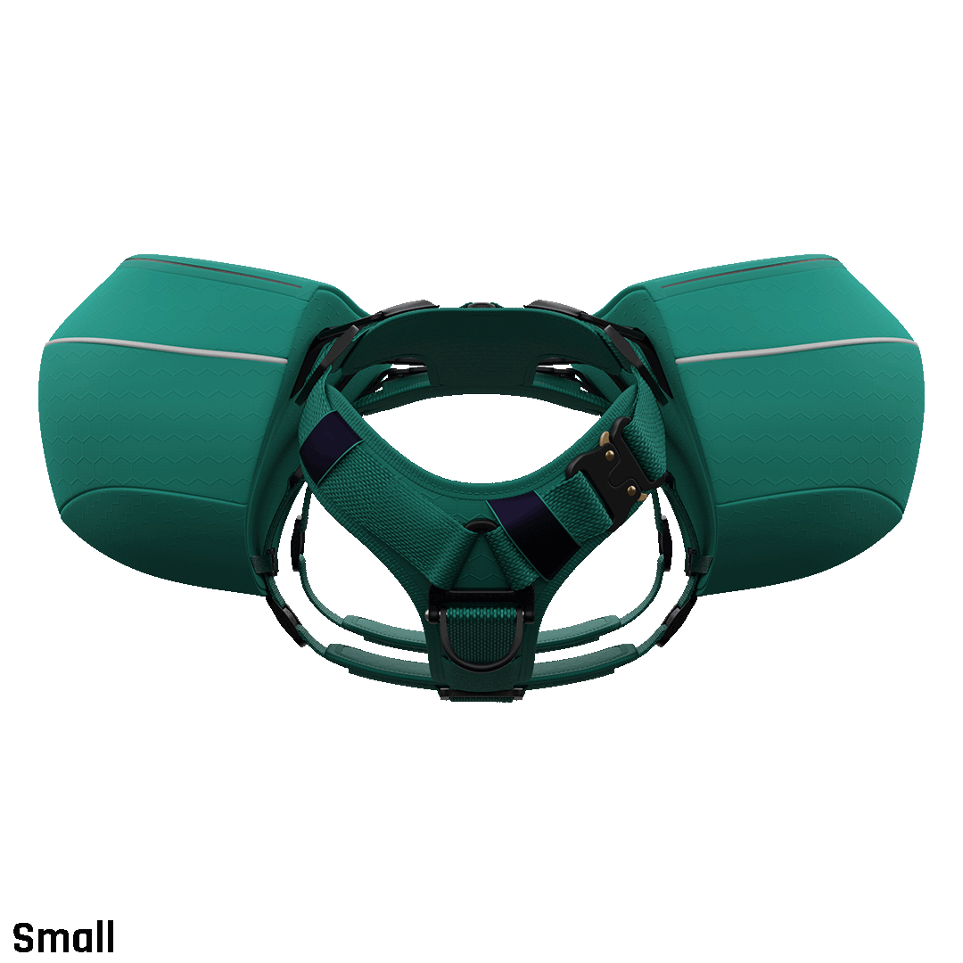 Front view of the Ascension Dog Pack in the Small size in Tazer teal